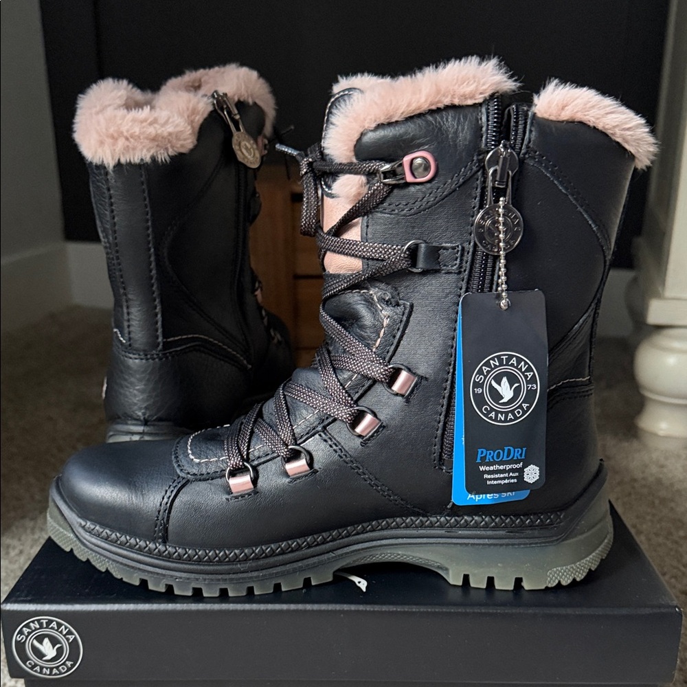 Santana Canada Majesta 3 Women's Black Leather and Pink Fur-Lined Boots size 8